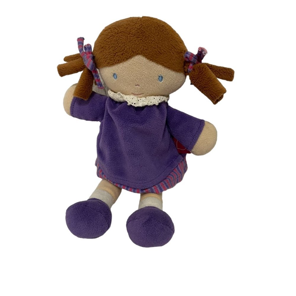 Bonikka Soft Rag Doll 9” Brown Hair Pigtails Purple Dress Plush Blue Eyes 2018